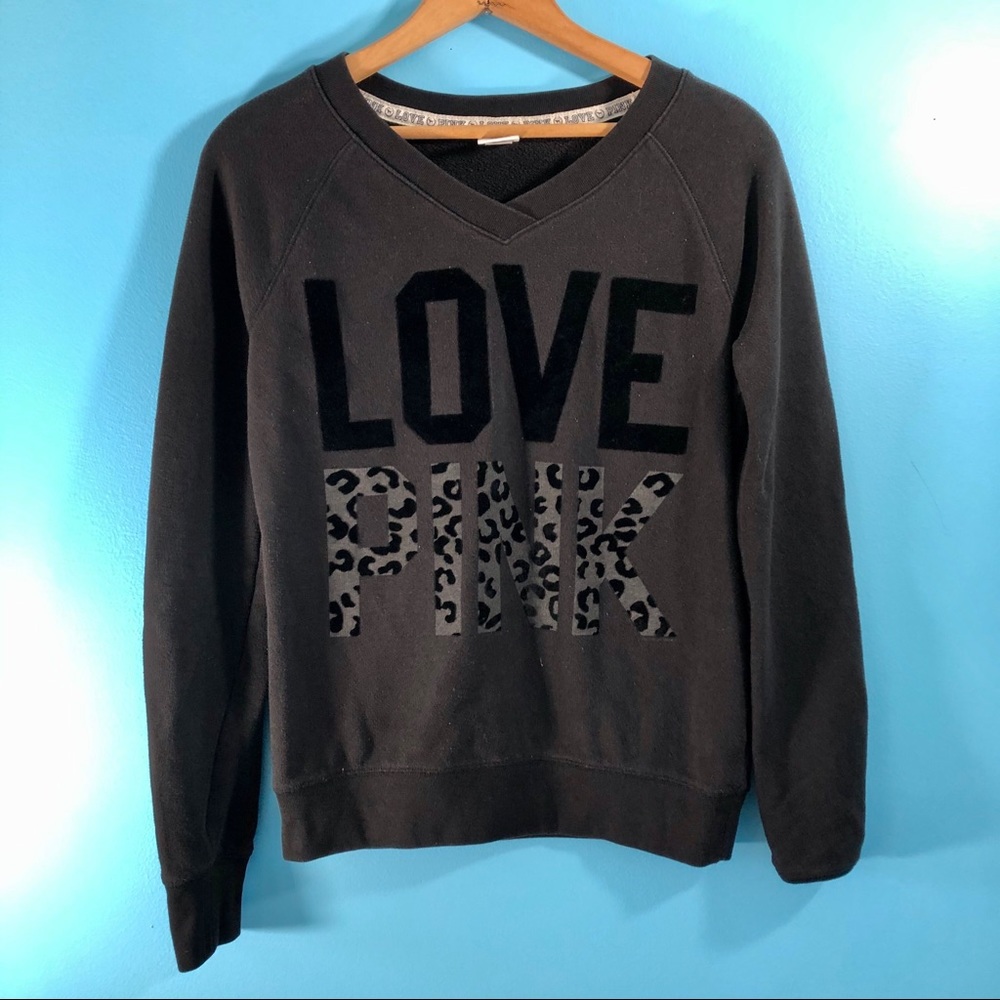 LOVE PINK Victoria Secret Black Sweatshirt Velvet Crewneck